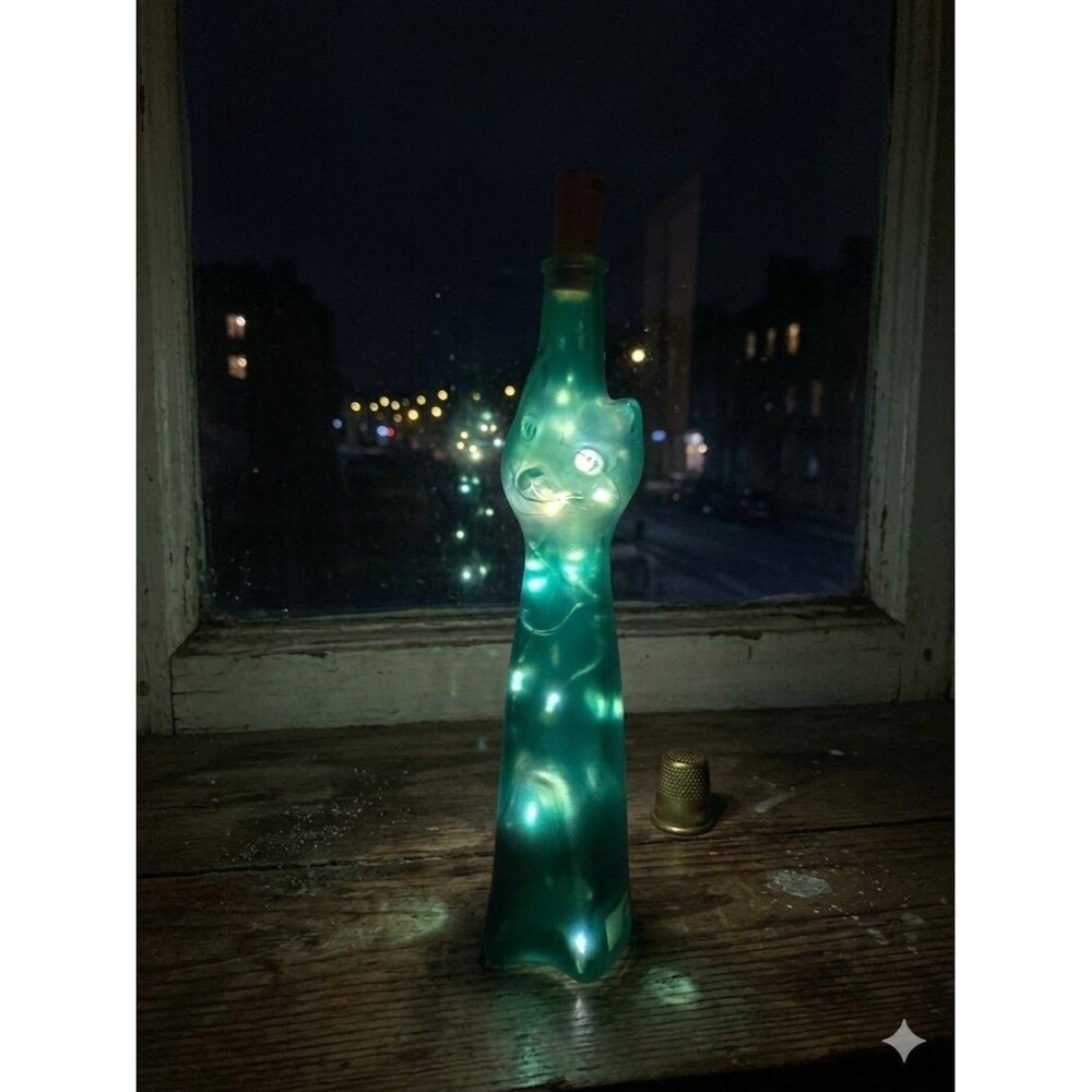 Lighted Happy Cat Frosted Green Empty Figural Wine Bottle German Reisling